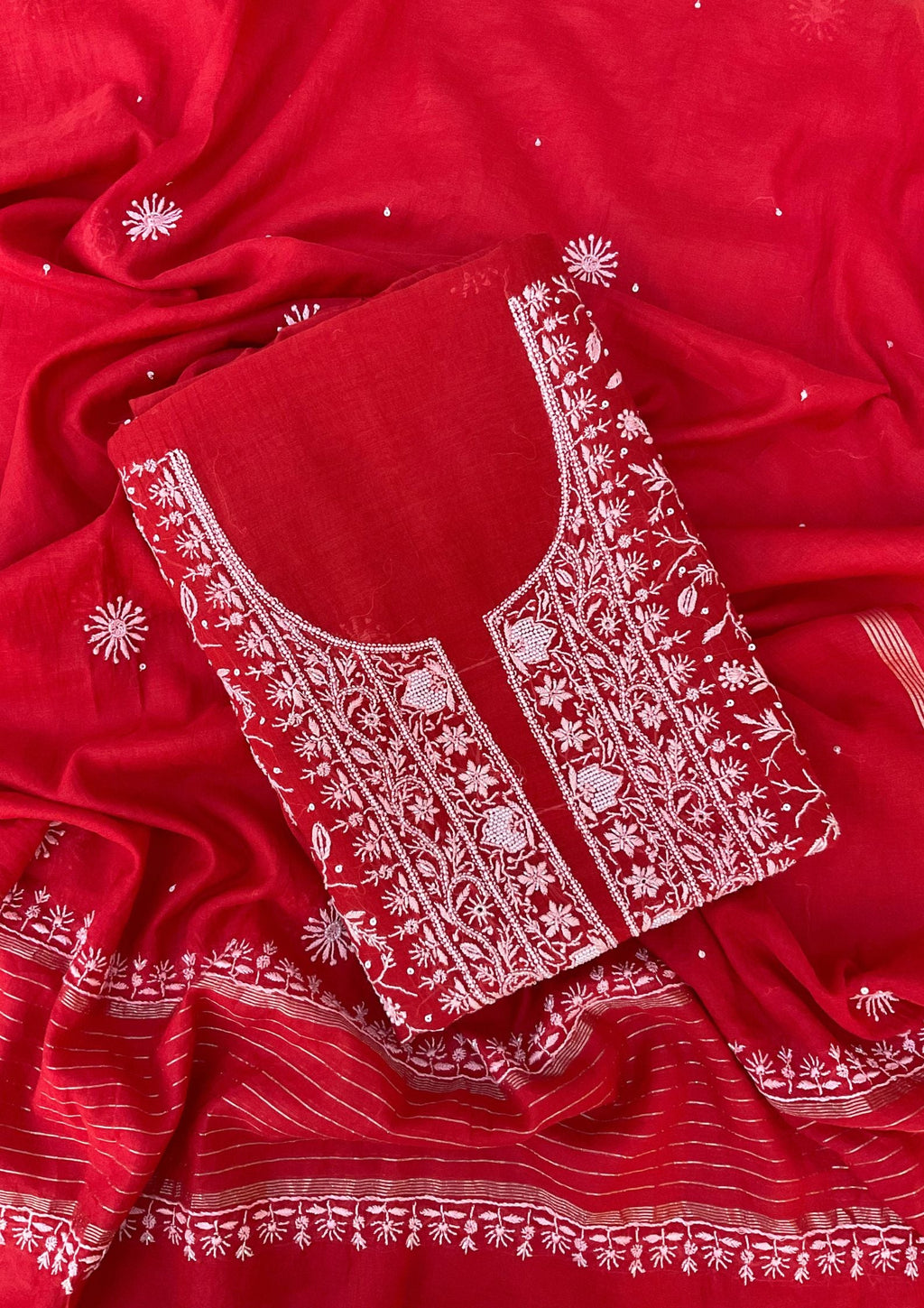 Mul Chanderi Chikankari Suit - Red