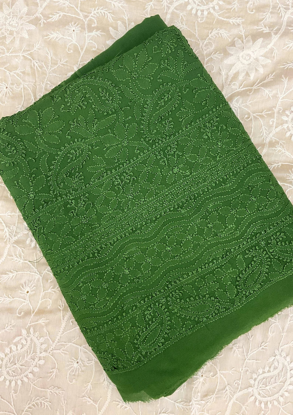 Georgette Unstitched Chikankari Kurta & Dupatta - Forest Green