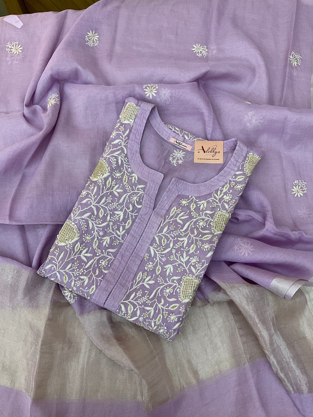 Tissue Chanderi Unstitched Suit - Purple