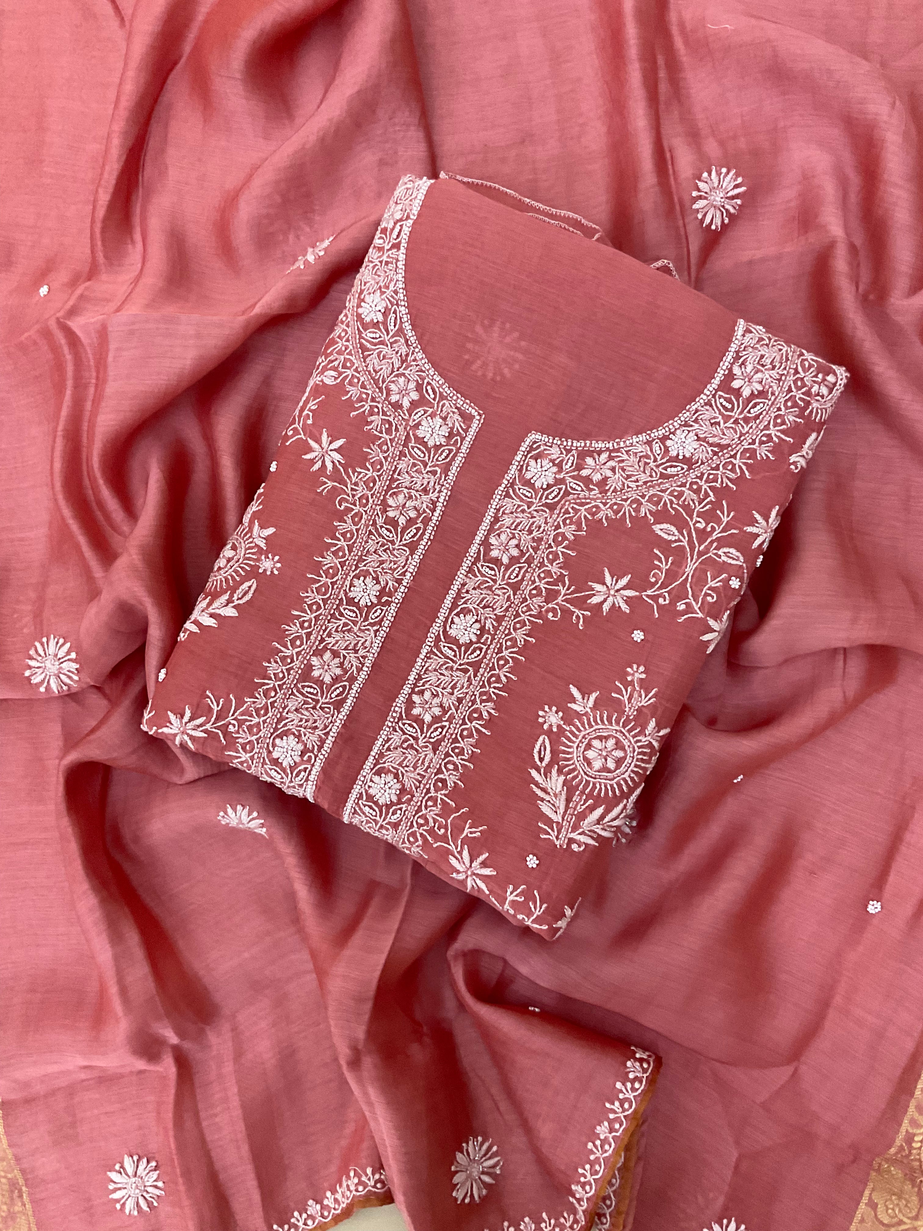 Mall Chanderi Unstitched Suit - Dusty Pink