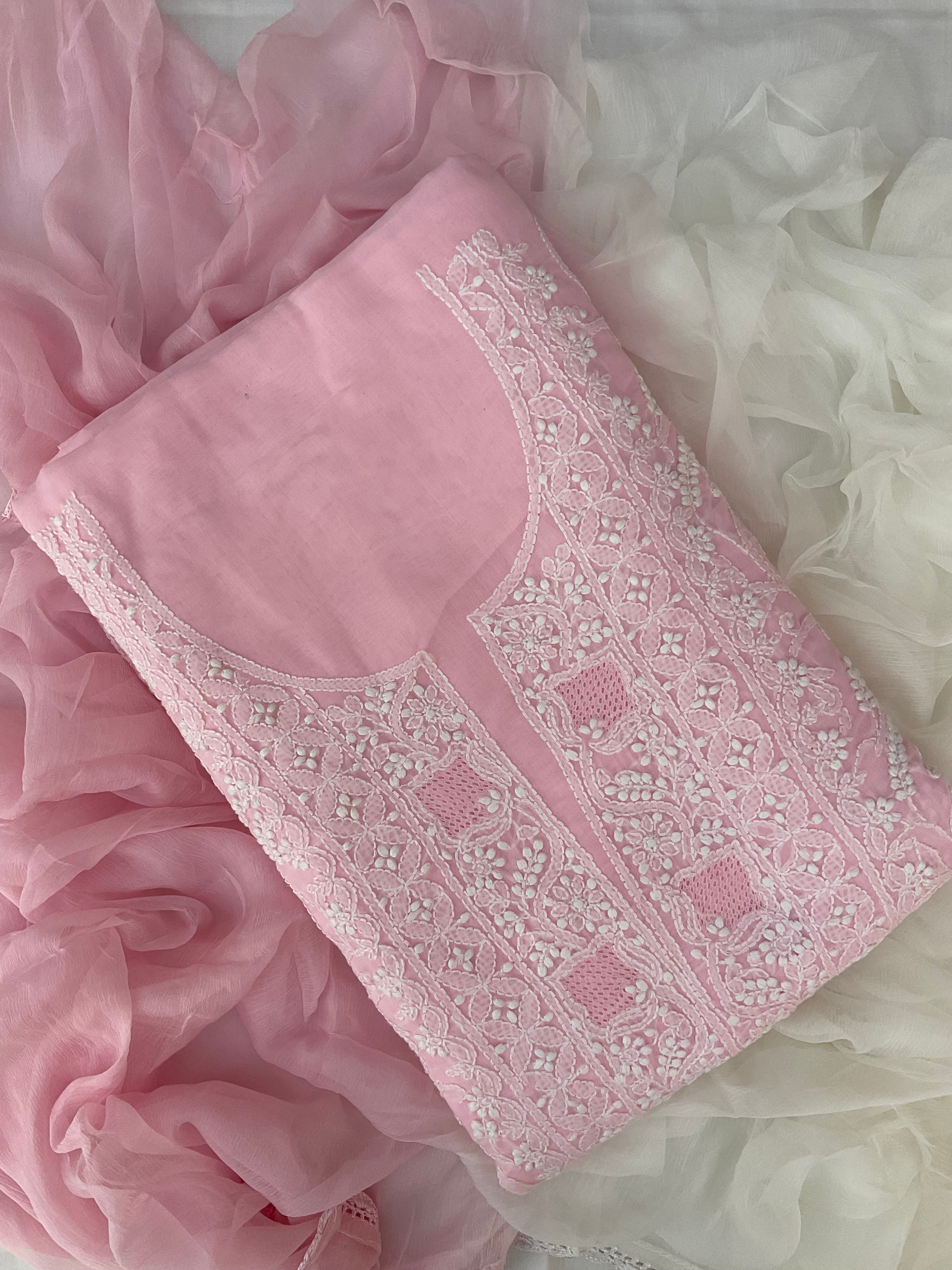 Cotton Chikankari unstitched Suit Material - Powder Pink