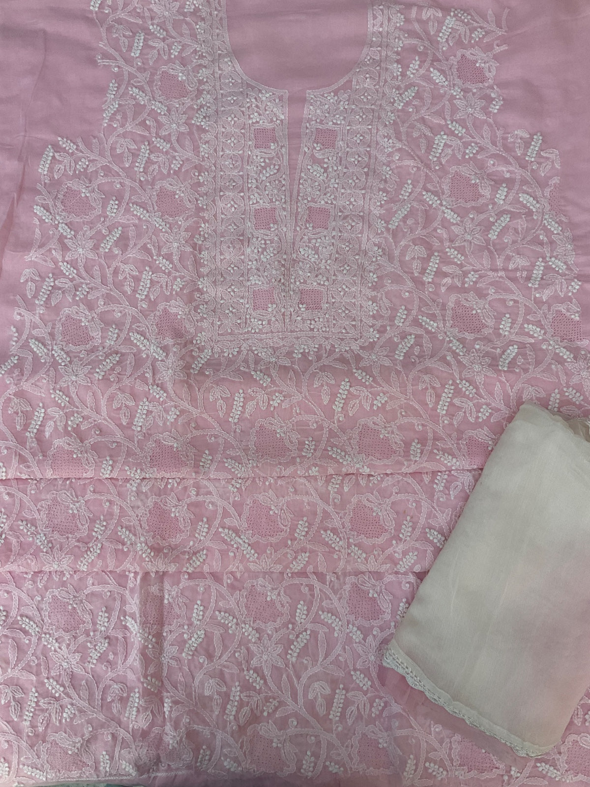 Cotton Chikankari unstitched Suit Material - Powder Pink