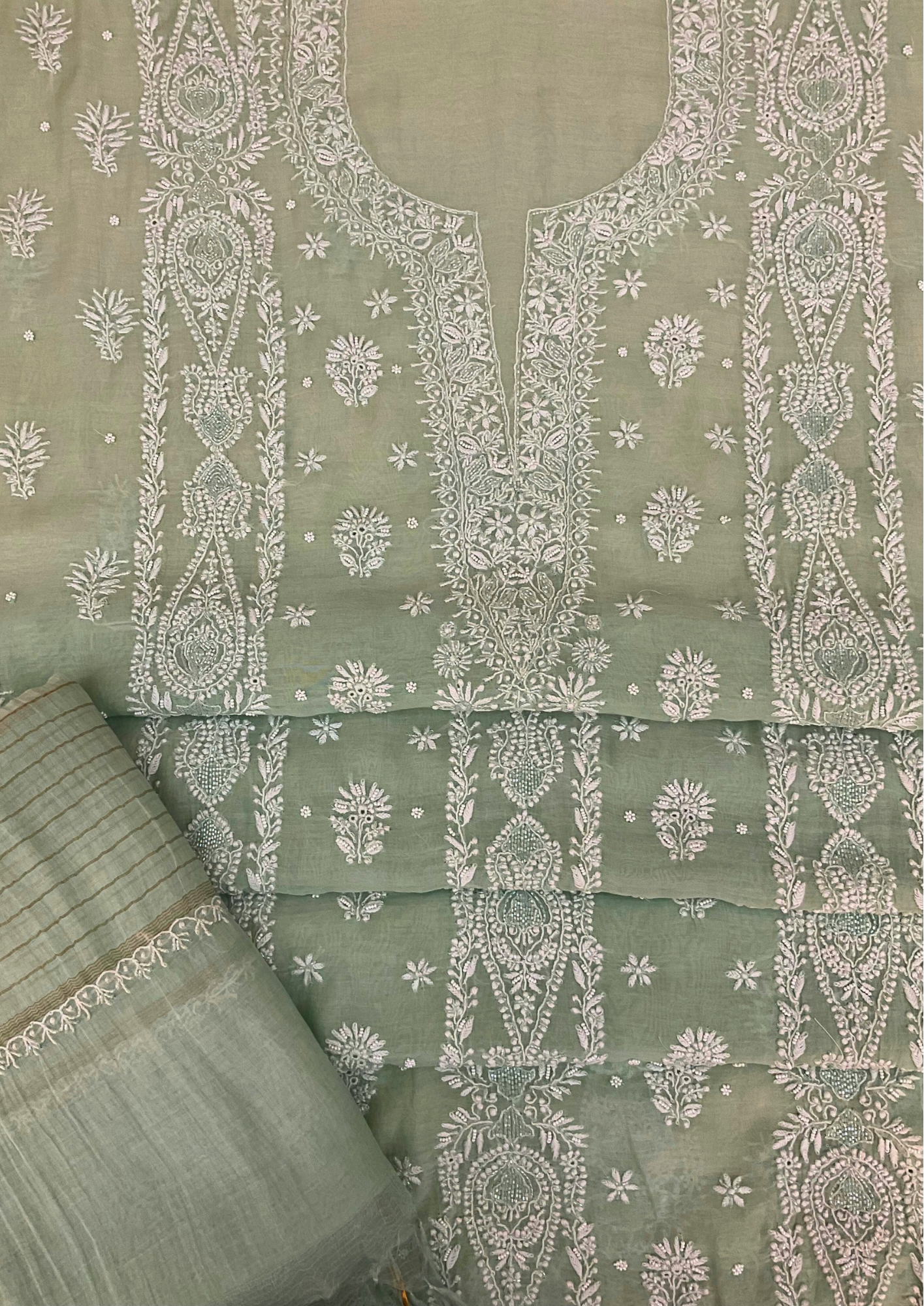 Mul Chanderi Unstitched Kurta And Dupatta Set - Green