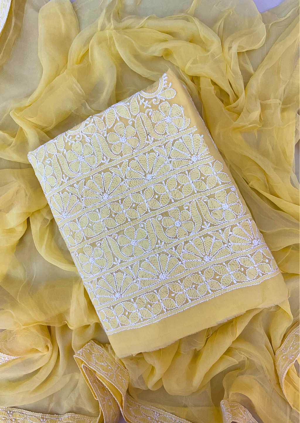 Cotton Unstitched Chikankari Suit - Yellow