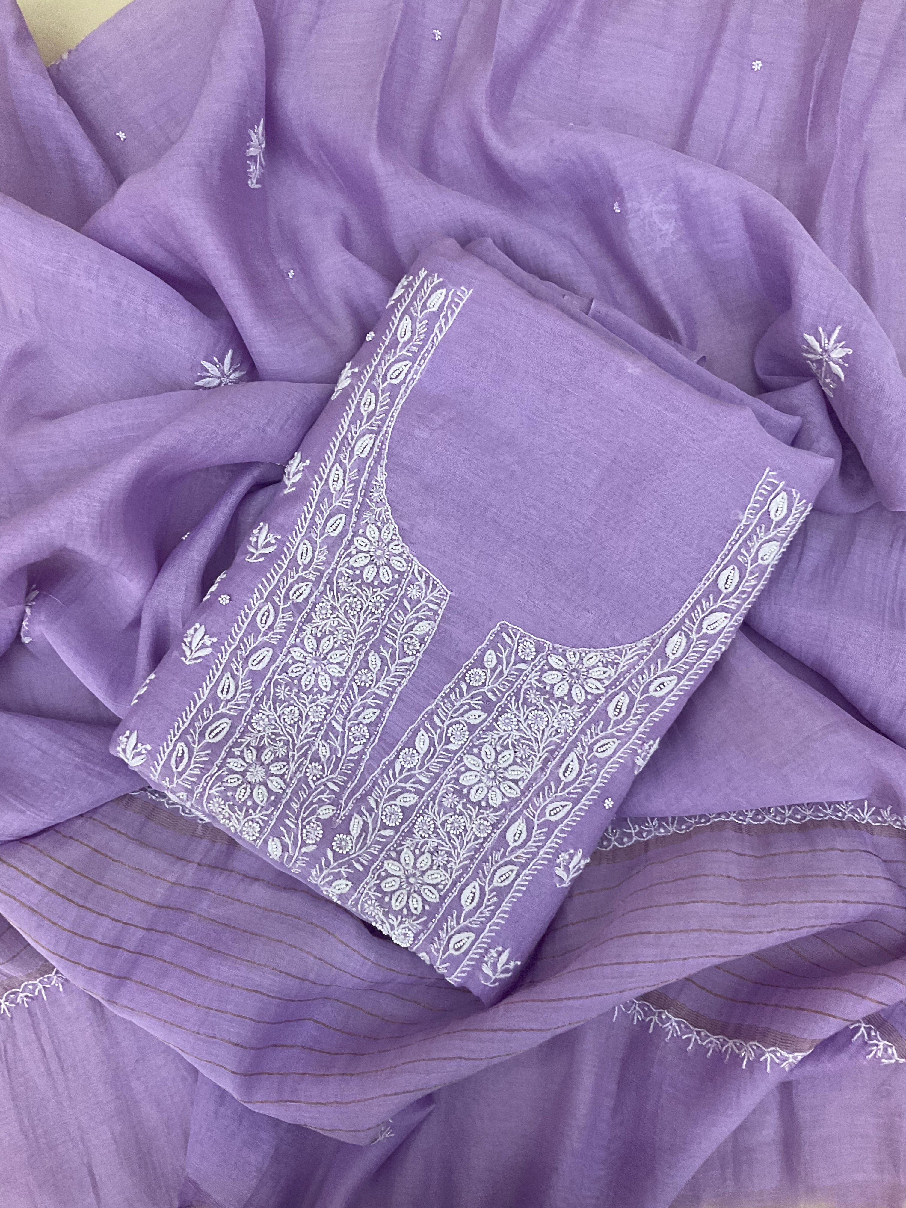 Mul Chanderi Unstitched Kurta And Dupatta Set - Purple