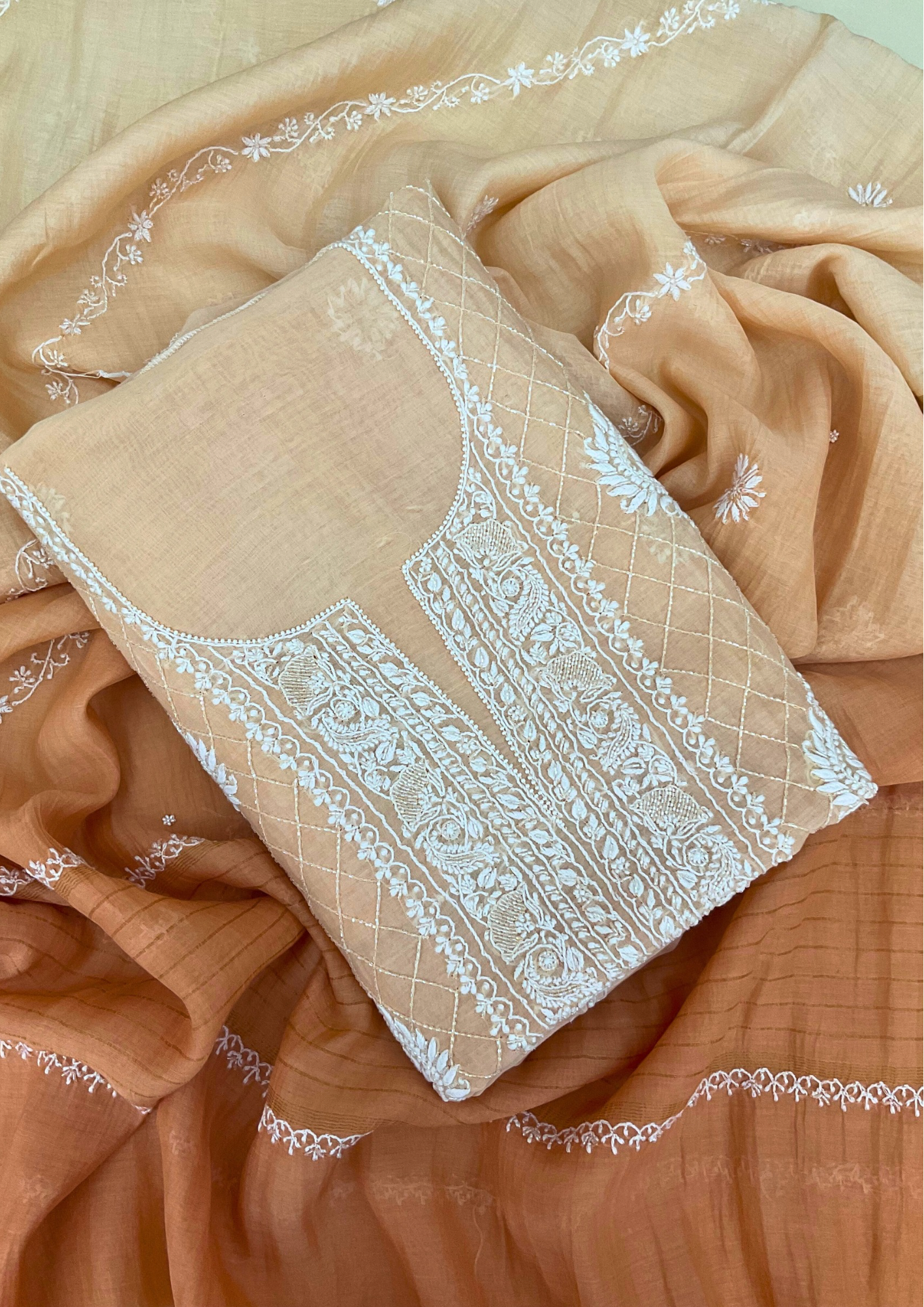 Mul Chanderi Unstitched Kurta And Dupatta Set - Peach