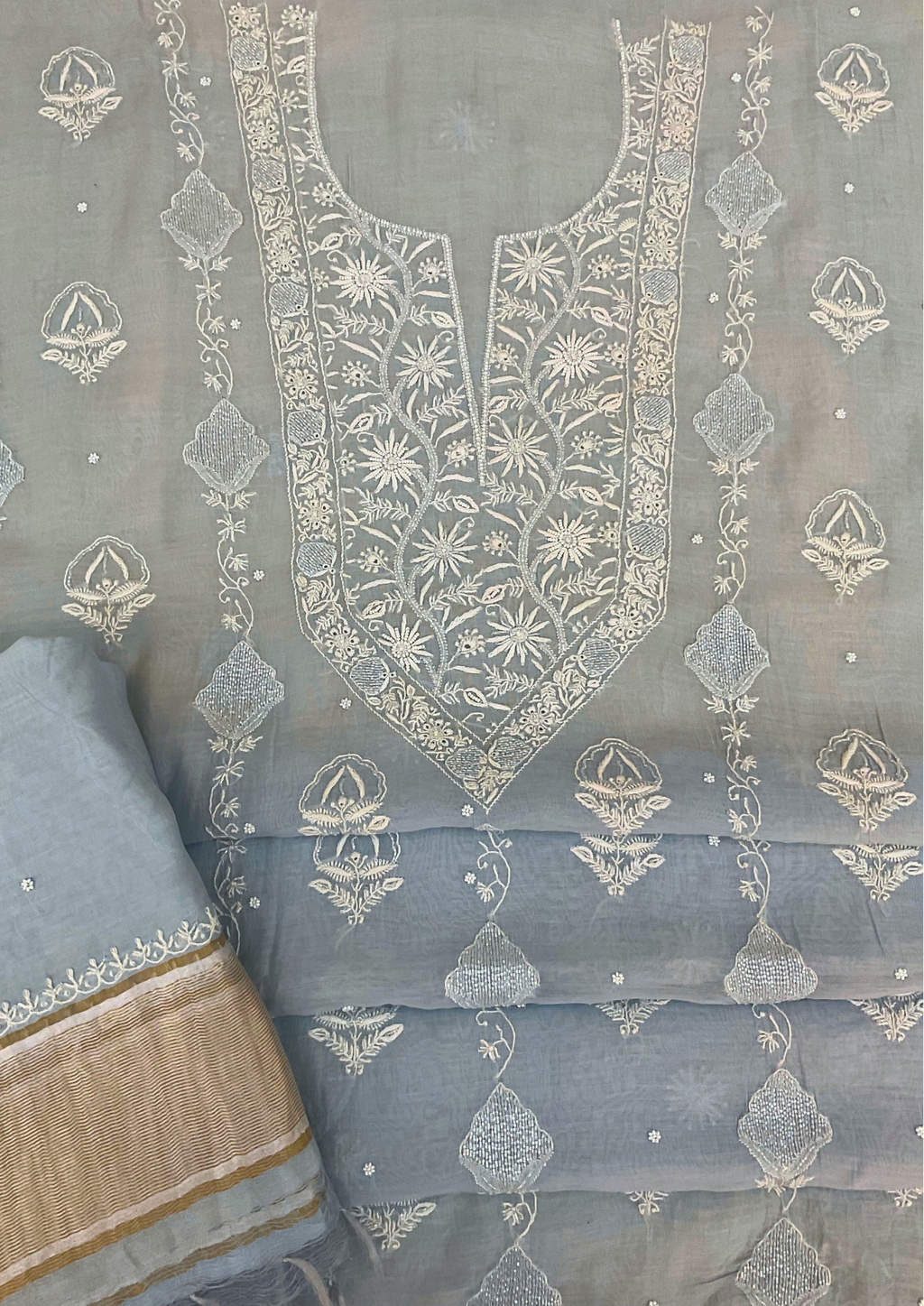 Mul Chanderi Unstitched Kurta And Dupatta Set - Blue