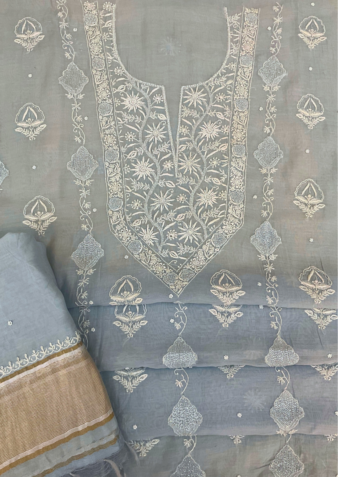 Mul Chanderi Unstitched Kurta And Dupatta Set - Blue