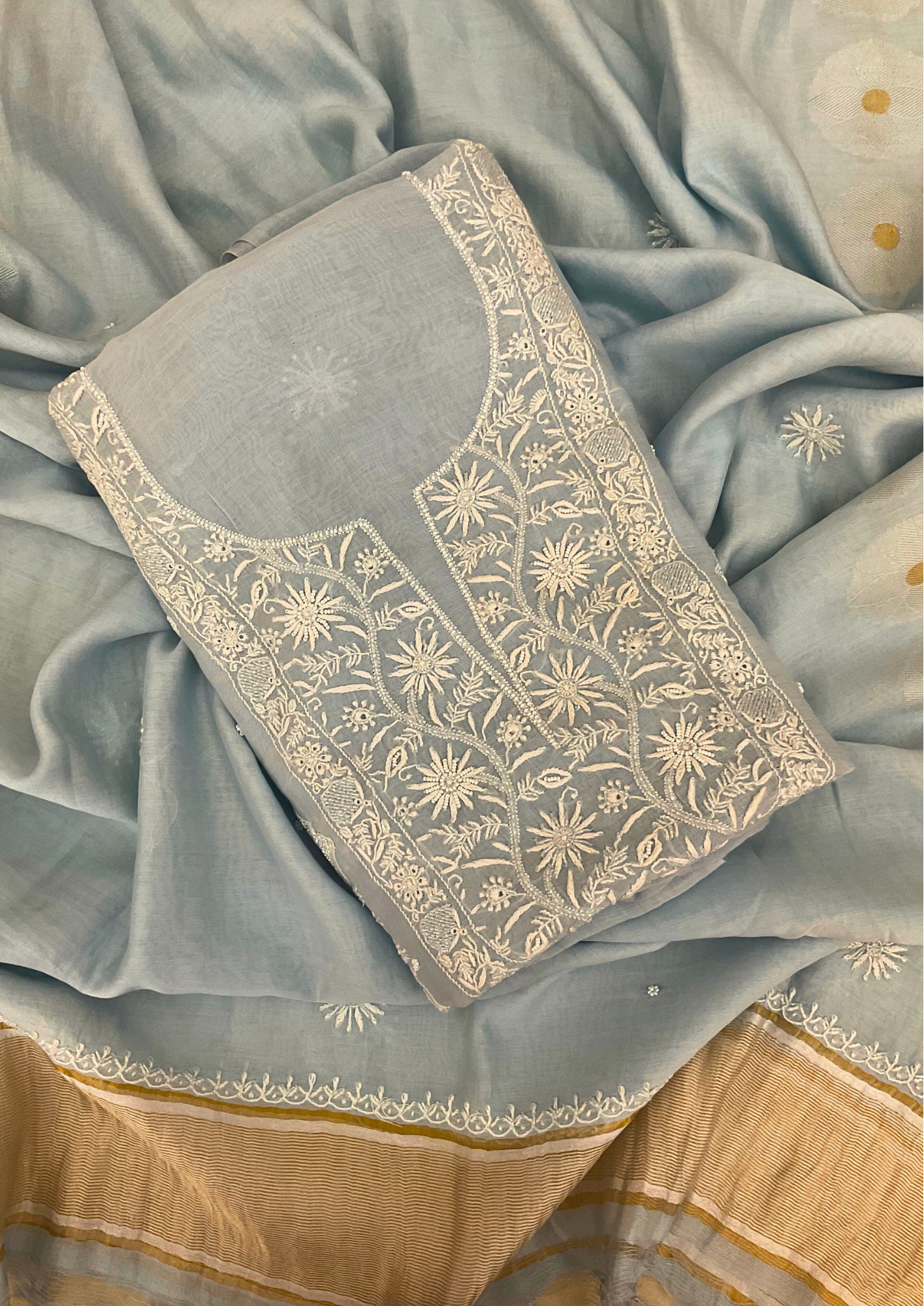 Mul Chanderi Unstitched Kurta And Dupatta Set - Blue