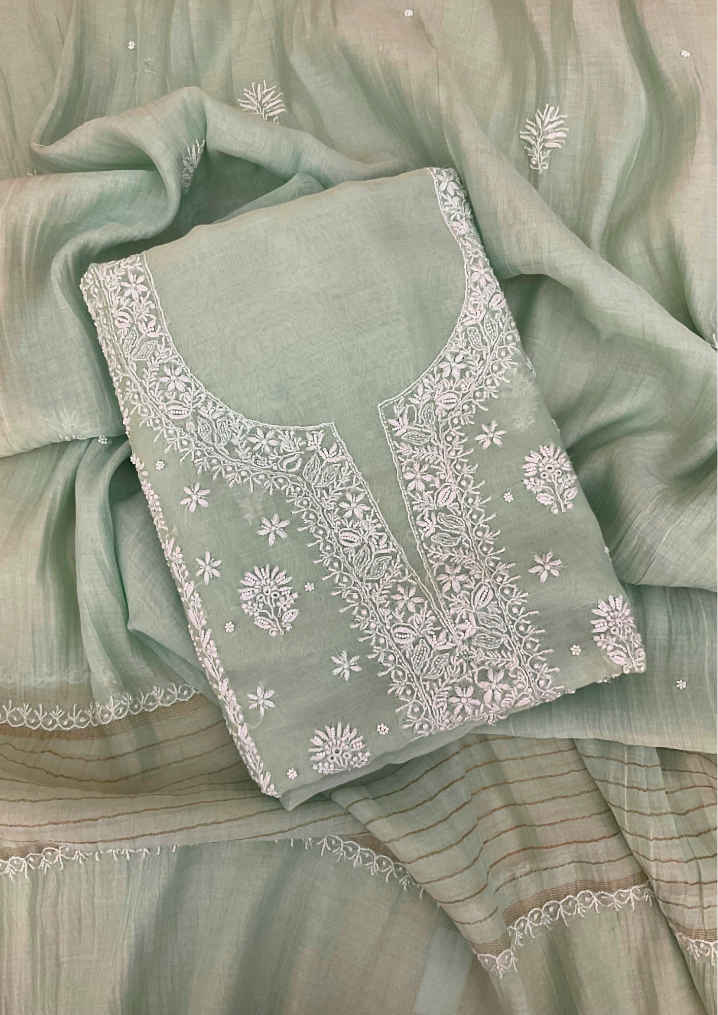 Mul Chanderi Unstitched Kurta And Dupatta Set - Green