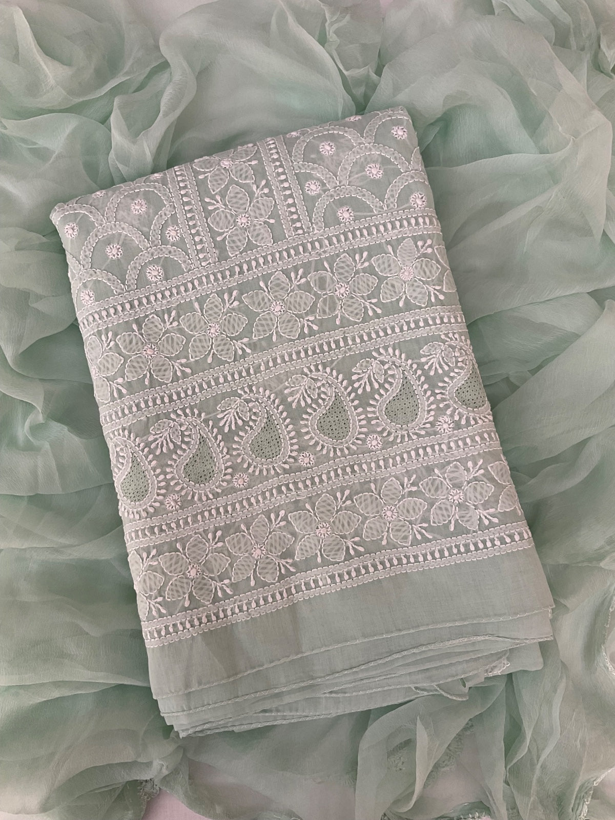 Cotton Chikankari Unstitched Suit material - Mint Green